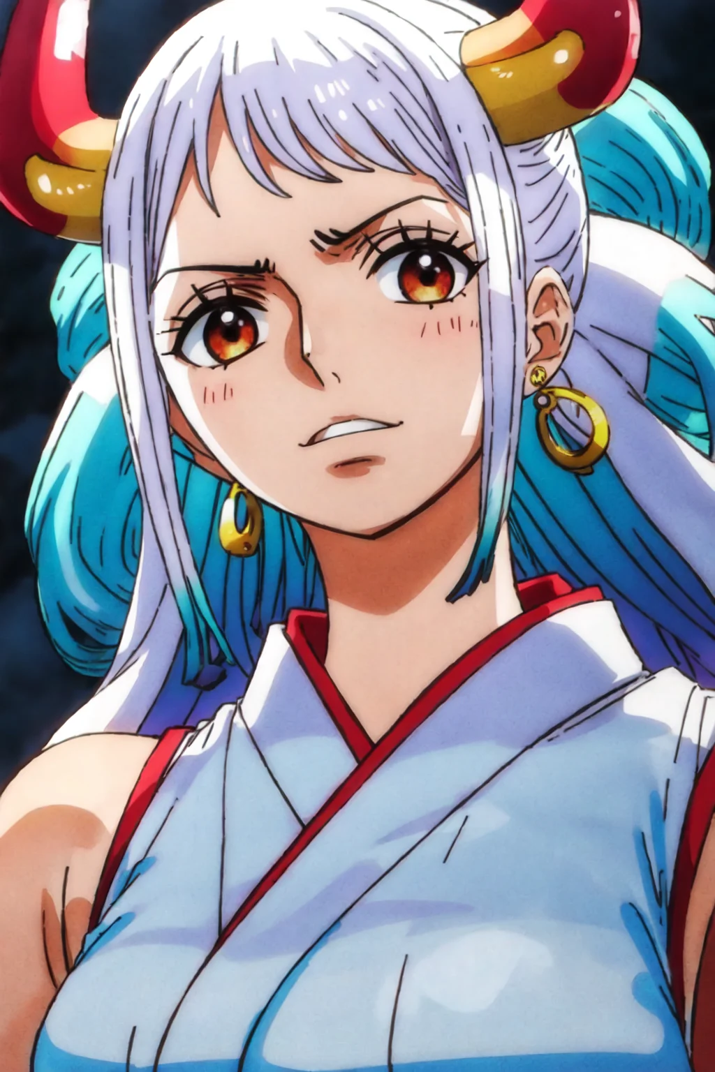 1girl, yamato_5000, white_hair, green_hair, gradient_hair, horns, wanostyle, ((masterpiece)), ((best quality)), extremely detailed, bloom, illustration, kimono, traditional_clothing, depth of field, sketch, dark intense shadows, sharp focus, soft lighting, hdr, colorful, good composition, solo