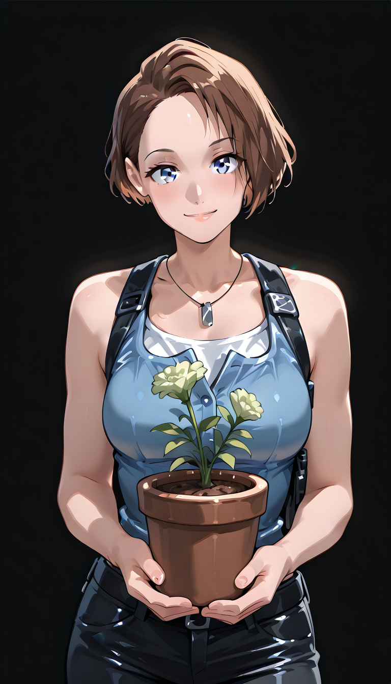 threeremake, holding flower pot with a green herb in it, black background <lora:Jill_Valentine:1>