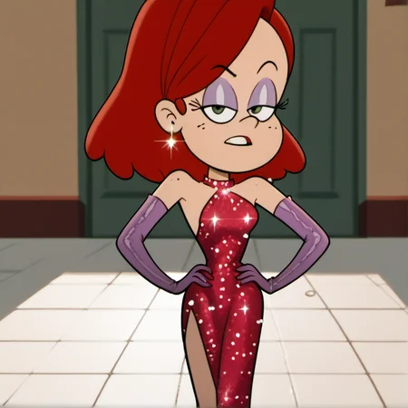 score_9, score_8, score_7, 1girl, solo, loudstyle, the loud house, break, Jessica, red hair, green eyes, purple eyeshadow, red dress, sparkle, side slit, backless dress, purple elbow gloves, high heels, standing, hands on hips, looking at viewer, <lora:loudstyle:1>, <lora:Jessica_Rabbit:0.7>,