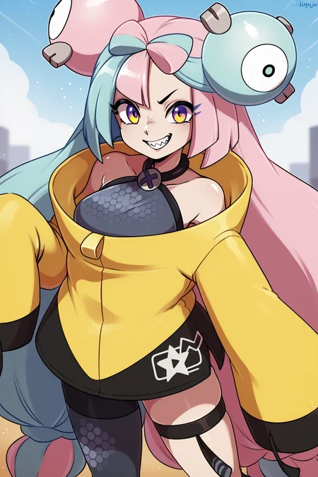 Score_8_up, score_7_up, Score_9, BREAK, solo, 1girl, iono, grey dress, sleeveless dress, yellow jacket, logo, oversized clothes, sleeves past hands, grin, sharp teeth, thigh strap, single pantyhose leg, cowboy shot, by <merunyaa><lora:EMS-413739-EMS:0.600000>, <lora:EMS-322220-EMS:1.000000>