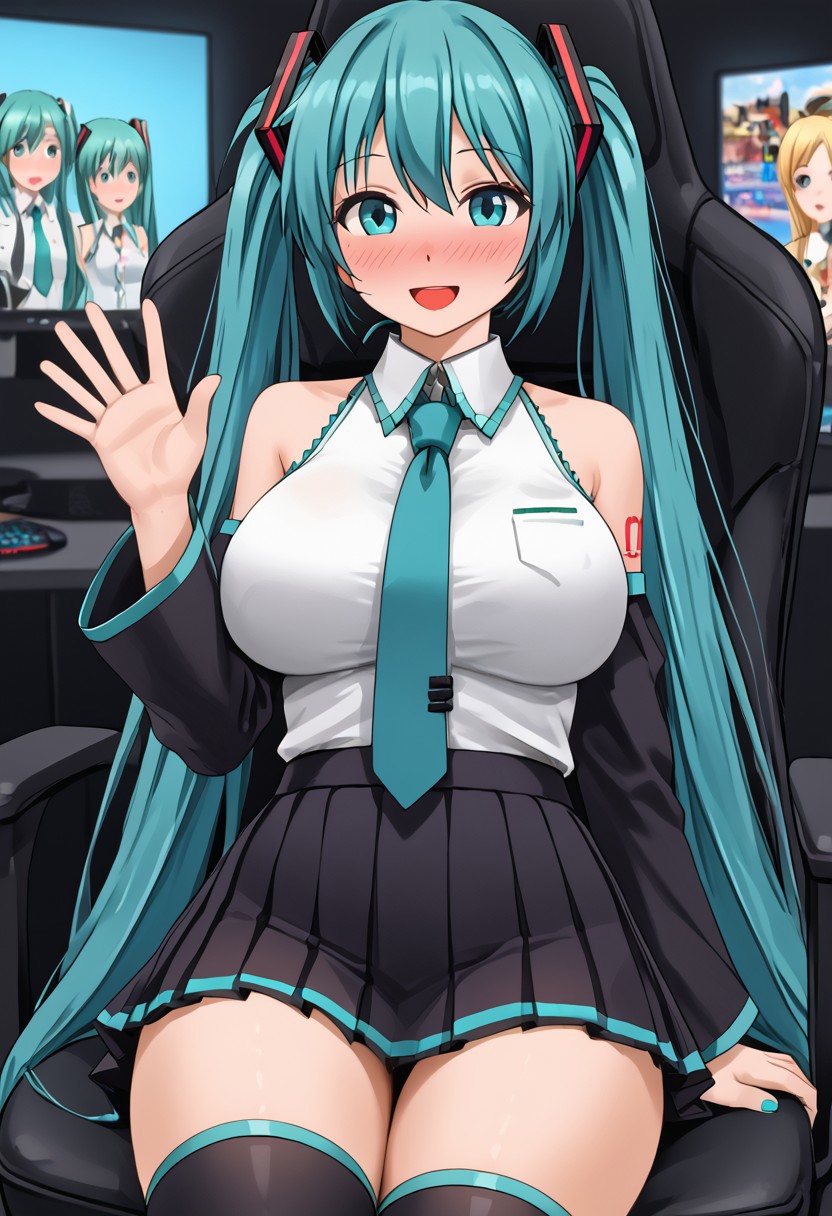 ((masterpiece,best quality,ultra detailed,highres,HD,4k:1.2)),
(large breast,large butt:1.2),1 cute girl,solo,girl focus,solo focus,face focus,
hatsune miku,absurdly long hair,aqua hair,twintails,hair ornament,sidelocks,hair between eyes,parted bangs, white shirt,collared shirt,bare shoulders,sleeveless shirt,aqua necktie,detached sleeves,black sleeves,shoulder tattoo,fringe,black thighhighs,black miniskirt,pleated skirt,zettai ryouiki,thigh boots, sailor collar,thighs,microskirt,pleated skirt,socks,
Streamer, PC, watching viewers, sitting in a gaming chair,Waving to the audience,
blush,smile,open mouth,