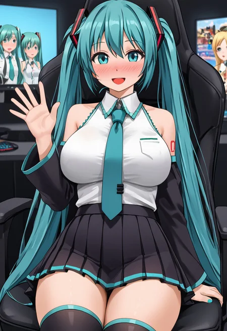 ((masterpiece,best quality,ultra detailed,highres,HD,4k:1.2)),
(large breast,large butt:1.2),1 cute girl,solo,girl focus,solo focus,face focus,
hatsune miku,absurdly long hair,aqua hair,twintails,hair ornament,sidelocks,hair between eyes,parted bangs, white shirt,collared shirt,bare shoulders,sleeveless shirt,aqua necktie,detached sleeves,black sleeves,shoulder tattoo,fringe,black thighhighs,black miniskirt,pleated skirt,zettai ryouiki,thigh boots, sailor collar,thighs,microskirt,pleated skirt,socks,
Streamer, PC, watching viewers, sitting in a gaming chair,Waving to the audience,
blush,smile,open mouth,