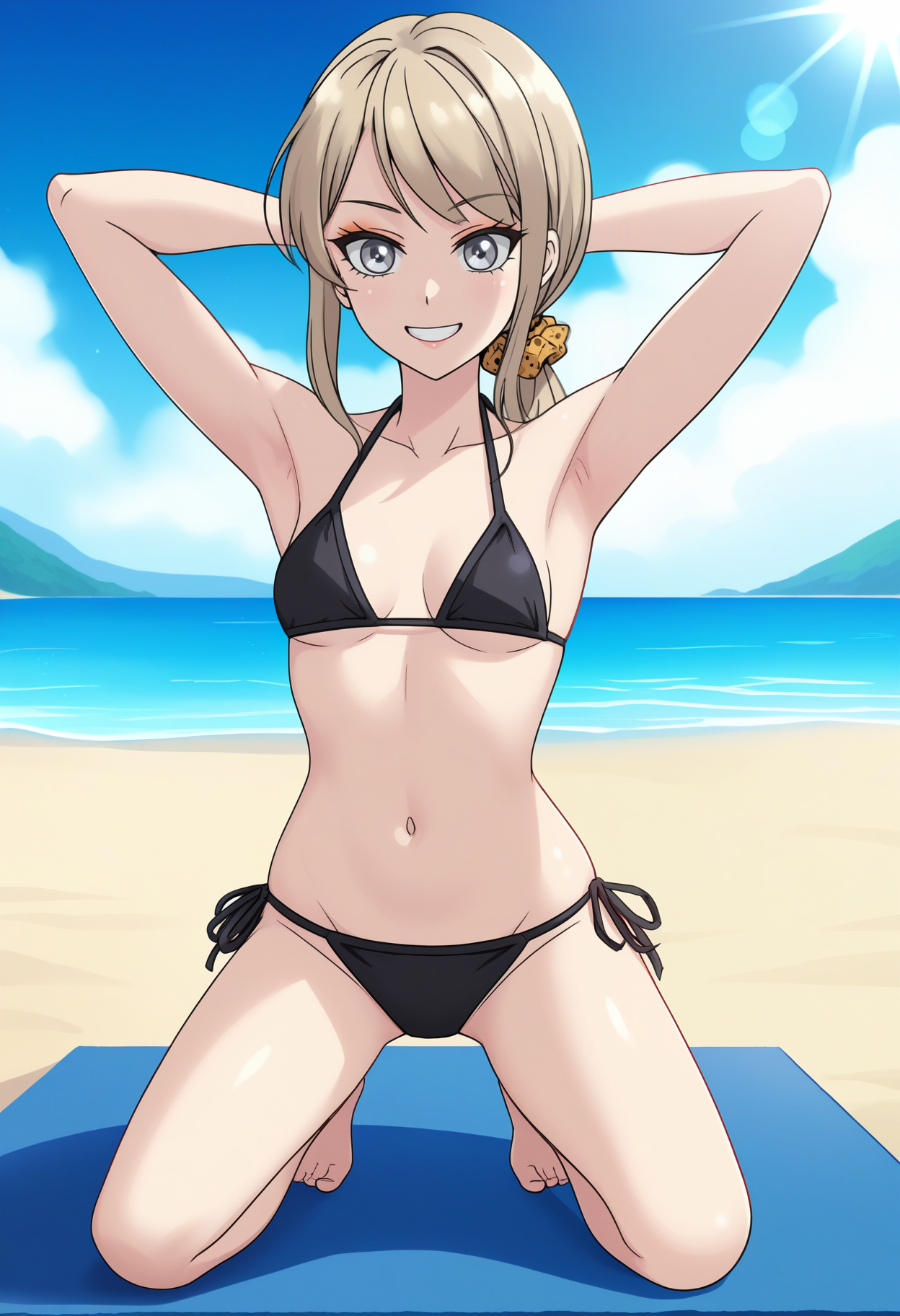 <lora:GTK_epoch_10:0.8>, GTKKaedeIchisugi, 1girl, solo, blonde hair, hair scrunchie, ponytail, low ponytail, sidelocks, grey eyes, makeup, small breasts, 
black bikini, side-tie bikini bottom, 
smile, kneeling, mat, armpits, arms behind head, from below, looking at viewer, 
BREAK beach, sunlight, blue sky, day, sunbeam, lens flare,