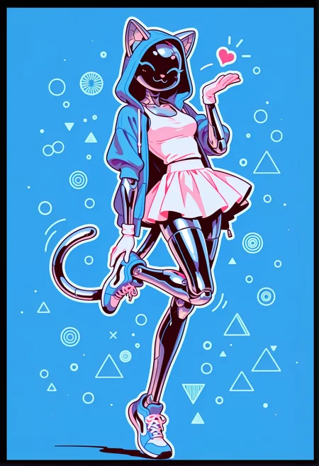 <lora:checkpoint-e18_s306:0.8>, <lora:Chromecore_illu:0.8>, <lora:illustrious_very_aesthetic_v1:0.4>, <lora:NOOB_EPSv1_1_detailer_by_vlnvk_v1_0:0.5>,  (((fake_image_border, thin border, black border, white outline))), matte textures, retro artstyle, Graphic Design, HDR, 8K, 4K, masterpiece, best quality, amazing quality, very aesthetic, newest, very aesthetic, newest, highly detailed, vibrant details, crisp details, absurdres, (((solo:1.4))),  cover of cyborg (anthro cat), furry face, tail, (medium breasts), (fit body), (cyborg body, cyborg legs, cyborg arms, Chrome limbs, :3, ^ ^ , segmented arms, segmented body, segmented legs:1.2), collarbone, blue_eyes, (cat_ears, fur ears), cat_tail, looking_at_viewer,  BREAK  gloves, white_gloves, (open hoodie, long hoodie, blue hoodie, white tank top, low-rise skirt, mini skirt, white skirt, glowing under skirt), flowing skirt, thighhighs, (sportshoes with thick soles), white_sportshoes, hood, hood_up,  BREAK  ((arched back, leg_up, standing_on_toe:1.1)), winking, left eye closed,  blowing_kiss, BREAK  [blue theme],  gradient blue background, (many geometric figures on background:1.2), (soft lines, soft light:1.2), [soft shadows],  <lora:detailed hand focus style illustriousXL v1:0.3>, embedding:IllustriousQual,   IllustriousQual, detailed hands, Flatline, Flat vector illustration, Chrome_core_illu,