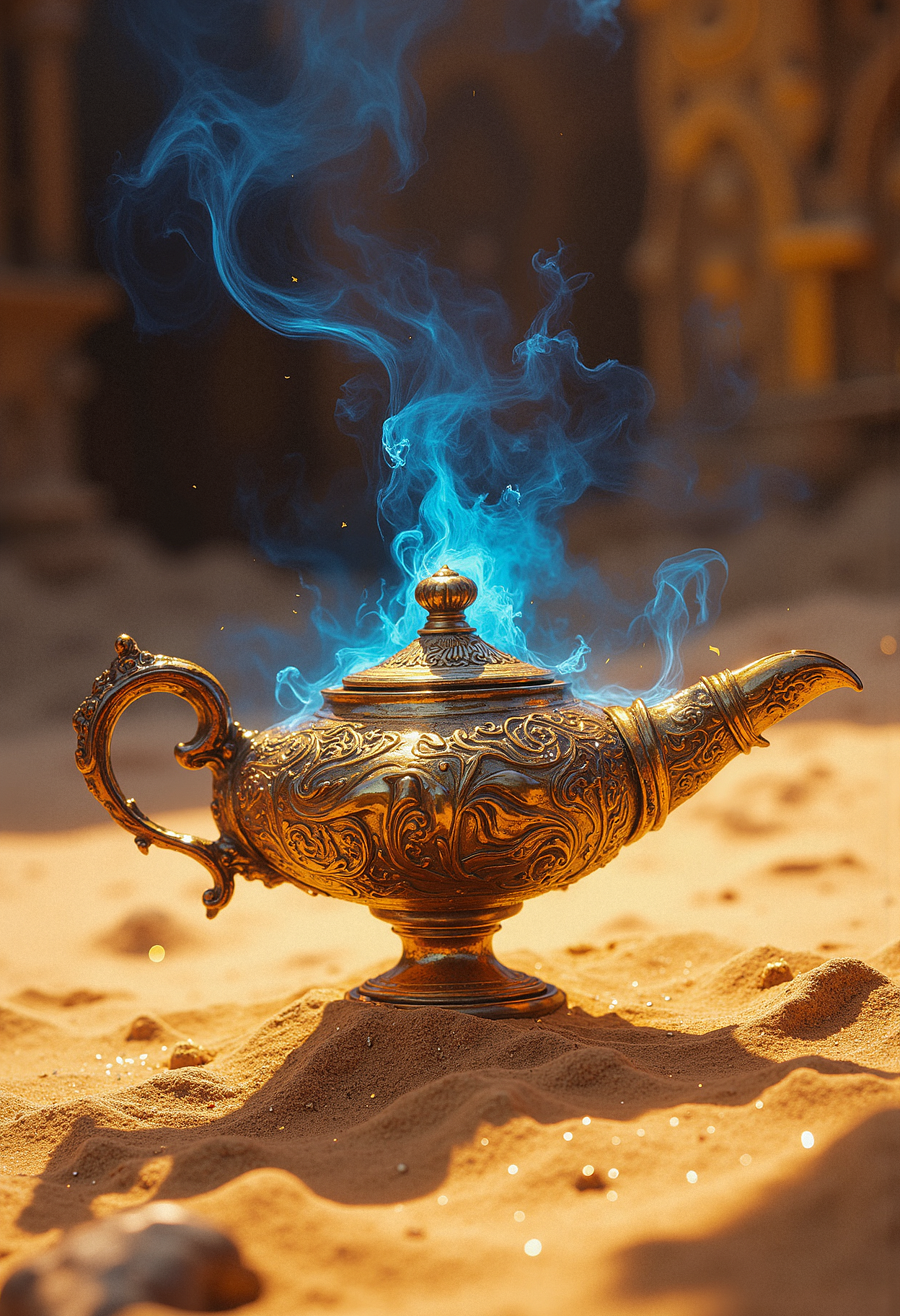A magical, highly detailed close-up of Aladdin's lamp, made of shiny, ancient gold with intricate engravings of mystical symbols. The lamp sits on a bed of fine, sparkling desert sand, with a faint blue mist seeping out of its spout, swirling upwards as if something magical is about to happen. The light from the mist casts a subtle glow on the lamp, creating an aura of mystery and wonder. In the background, hints of a distant, exotic palace can be seen, blurred and bathed in golden light. The atmosphere is enchanting, as though the scene is on the verge of an extraordinary, magical event.   <lora:FLUX-daubrez-DB4RZ:0.93> DB4RZ, DB4RZ style painting,  <lora:ARTifacts:0.66>