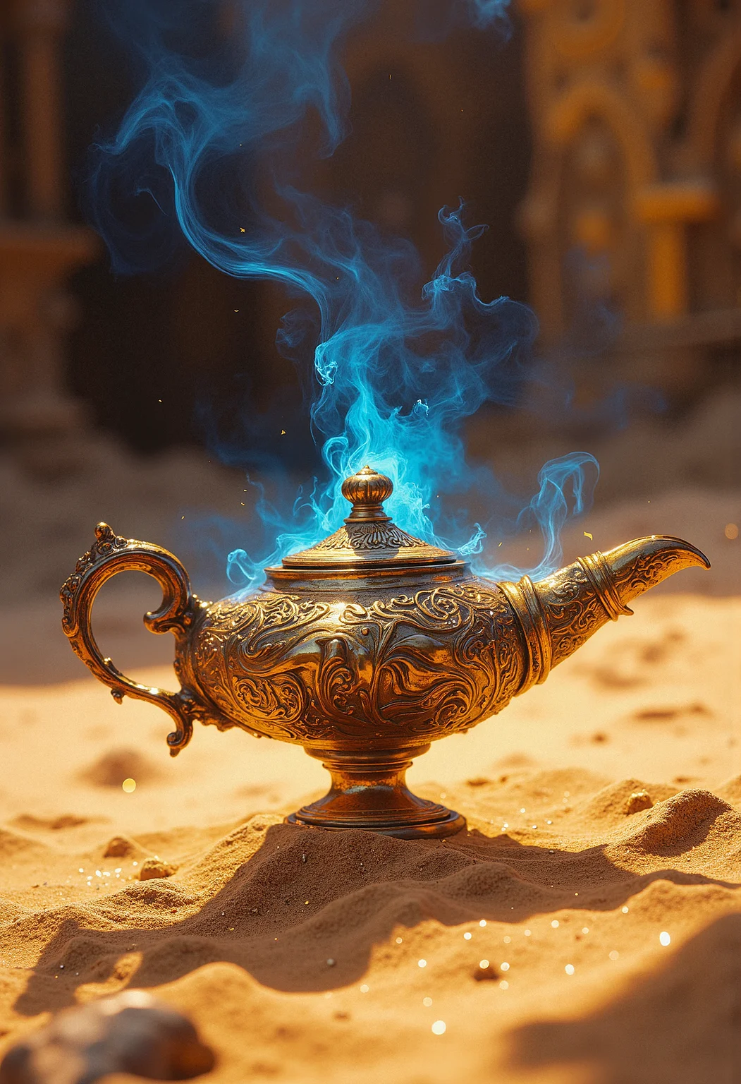 A magical, highly detailed close-up of Aladdin's lamp, made of shiny, ancient gold with intricate engravings of mystical symbols. The lamp sits on a bed of fine, sparkling desert sand, with a faint blue mist seeping out of its spout, swirling upwards as if something magical is about to happen. The light from the mist casts a subtle glow on the lamp, creating an aura of mystery and wonder. In the background, hints of a distant, exotic palace can be seen, blurred and bathed in golden light. The atmosphere is enchanting, as though the scene is on the verge of an extraordinary, magical event.   <lora:FLUX-daubrez-DB4RZ:0.93> DB4RZ, DB4RZ style painting,  <lora:ARTifacts:0.66>