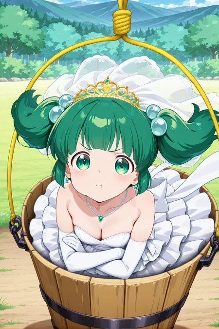 absurdres, highres, masterpiece, best quality, amazing quality, official anime artwork, screencap, anime screencap, outdoors, looking at viewer, midair, pout, crossed arms,
<lora:Kisume_Illustrious:1> kisume, 1girl, solo, green eyes, green hair, short hair, short twintails,, kisume \(bespoke white bucket\), alternate costume, veil, gold tiara, earrings, necklace, cleavage, white dress, wedding dress, strapless dress, frilled dress, back bow, white bow, collarbone, white gloves, elbow gloves, yellow rope, wooden bucket, in bucket,