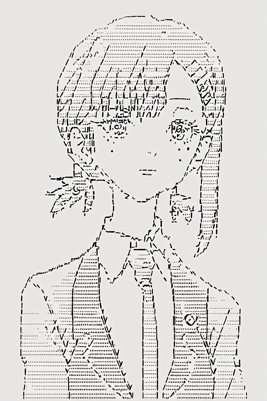 score_9, score_8_up, score_7_up, score_6_up, score_5_up, score_4_up,   <lora:kobeni-higashiyama-ponyxl-lora-nochekaiser:0.8> , kobeni higashiyama,hair ornament, hairclip, mole, mole under eye, ponytail, short hair, necktie, formal, long sleeves, 1girl, <lora:ascii_character:1>,  ascii_art_style, monochrome, greyscale, masterpiece, highres, white background, simple background