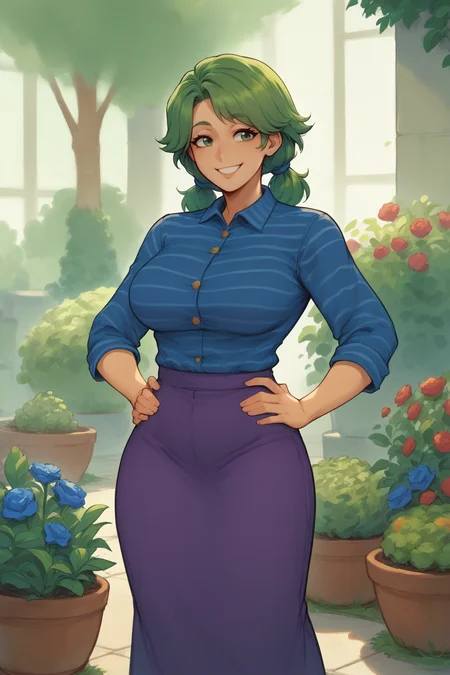 score_9, score_8_up, 1girl, <lora:NSCarolineStardew:1> NSCarolineStardew, Green hair, green eyes, low twintails, short hair, mature, blue shirt, stripes, long purple skirt, hands on hips, smile, garden