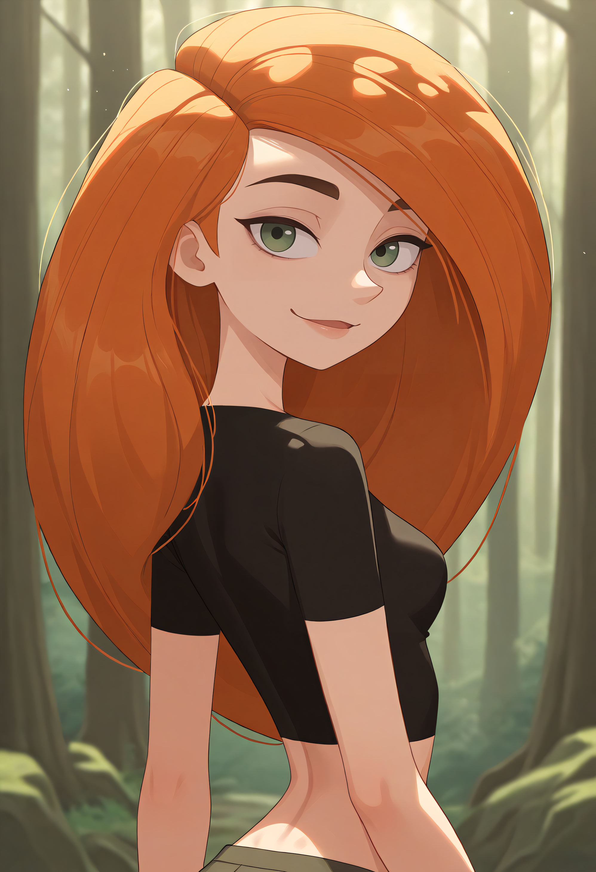 very awa, masterpiece,best quality,amazing quality, best quality, newest, absurdres, highres, detailed background, detailed hair, depth of field, detailed skin, best quality, amazing quality, very aesthetic, high resolution, ultra-detailed, absurdres, OverallDetailXL, skinny, narrow waist, aged up, KimP, Kim Possible, long hair, orange hair, green eyes, small breasts, Clothed, portrait, face focus, looking at viewer, facing away, smiling, closed mouth, full pa, forest, ancient_trees, dappled_sunlight, moss_covered_rocks, morning_mist,,,
