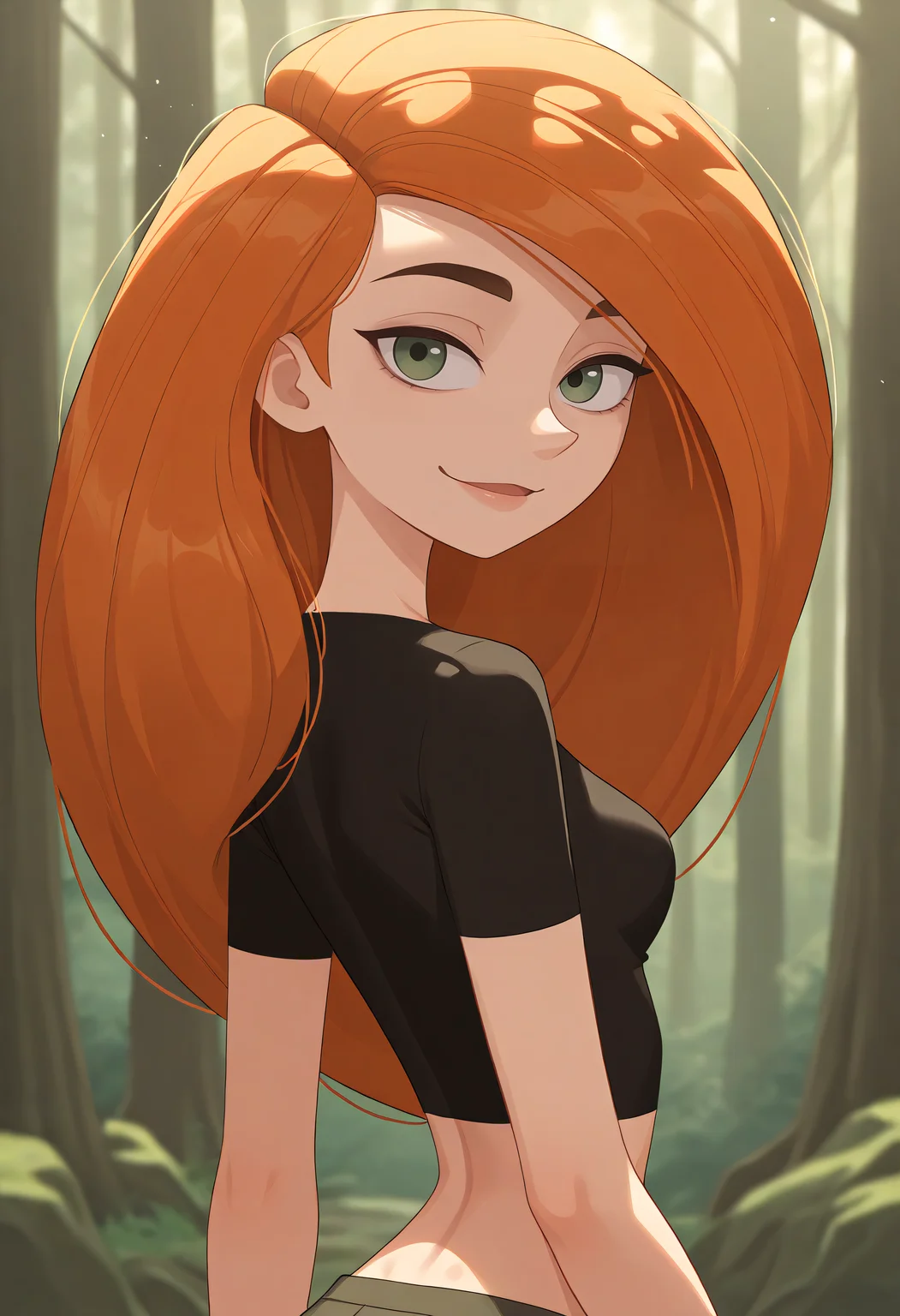 very awa, masterpiece,best quality,amazing quality, best quality, newest, absurdres, highres, detailed background, detailed hair, depth of field, detailed skin, best quality, amazing quality, very aesthetic, high resolution, ultra-detailed, absurdres, OverallDetailXL, skinny, narrow waist, aged up, KimP, Kim Possible, long hair, orange hair, green eyes, small breasts, Clothed, portrait, face focus, looking at viewer, facing away, smiling, closed mouth, full pa, forest, ancient_trees, dappled_sunlight, moss_covered_rocks, morning_mist,,,