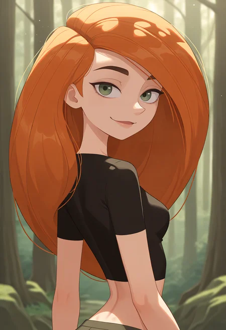 very awa, masterpiece,best quality,amazing quality, best quality, newest, absurdres, highres, detailed background, detailed hair, depth of field, detailed skin, best quality, amazing quality, very aesthetic, high resolution, ultra-detailed, absurdres, OverallDetailXL, skinny, narrow waist, aged up, KimP, Kim Possible, long hair, orange hair, green eyes, small breasts, Clothed, portrait, face focus, looking at viewer, facing away, smiling, closed mouth, full pa, forest, ancient_trees, dappled_sunlight, moss_covered_rocks, morning_mist,,,