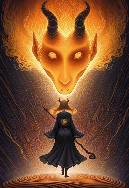 lazypos, character focused, anime girl, demon horns, golden hair, abstract style, painterly strokes, deep blue, fiery orange, holding staff, mystical charm, loose robe, magical aura, side glance, dynamic composition, expressive brushwork, surreal palette, modern fantasy, wind-blown hair, ethereal mood, bold colors, glowing warmth, tarustyle