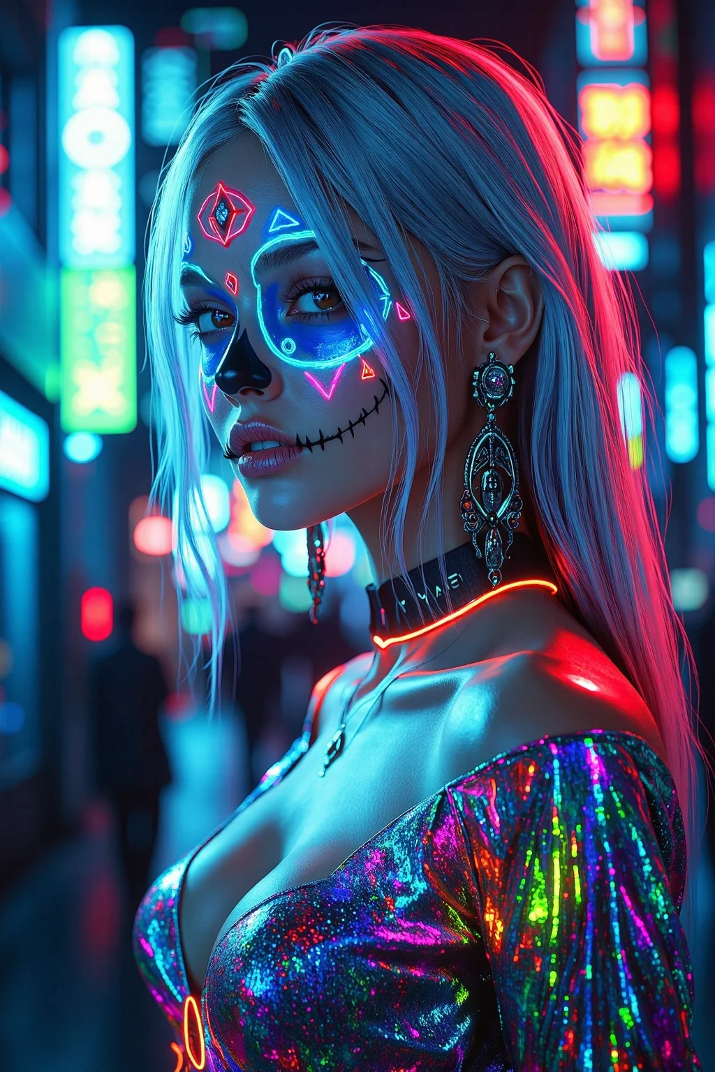 Woneon_facepaintflx, A captivating woman with silver hair and neon-geometric sugar skull face paint, with bold neon lines intersecting her face, standing in a futuristic neon metropolis, holographic neon dress and accessories that glow in sync with the city lights, photo-realistic, highly detailed, hyperrealistic, with futuristic lighting,