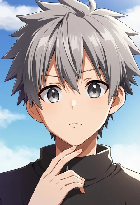 yuto_ryugami, dark grey hair, short hair, spiky hair, grey eyes, 1boy, solo, solo focus