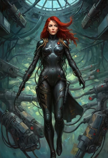 w4rh4mm3r style oil painting, intricate, grimdark,, detailed, fanatical retro military spy, female, damaged stealth body suit, nuclear cyberspace background, (long flowing red hair)