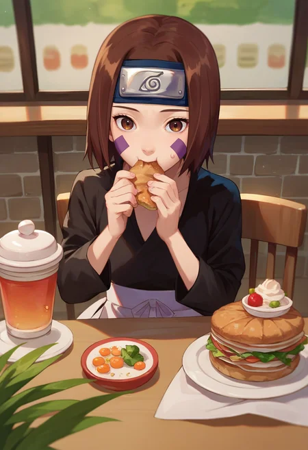 score_9, score_8_up, score_7_up, source_anime, 1girl, nohara rin, short hair, brown hair, brown eyes, purple facial mark, black shirt, long sleeves, white apron, black shorts, forehead protector, red thighhighs, cafe, pov, eating, <lora:Nohara Rin 1 rep-000010:1>