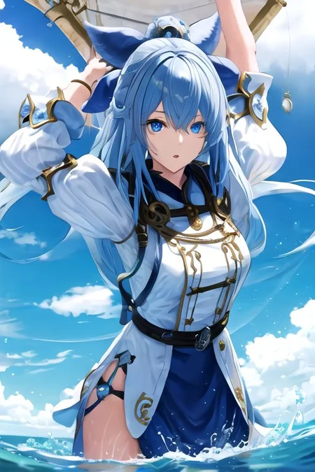 solo, 1girl, solo_focus, (((masterpiece))), ((best quality)), ((ultra-detailed)), ((too_many)):16, high resolution, absurdres, highres, ultra-detailed 8k unity wallpaper,
1girl, blue eyes, closed mouth, cloud, ffxiv trailer cg, long hair, medium breasts, mouth mask, water