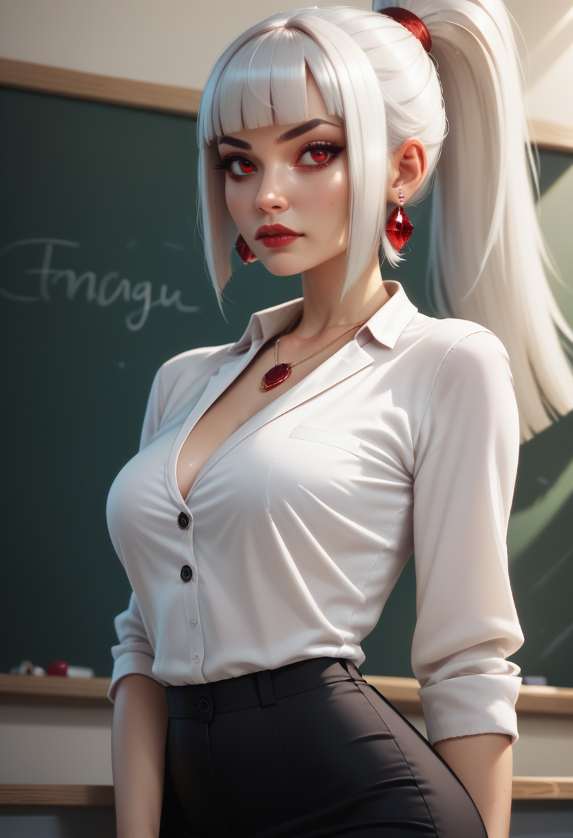 score_9, score_8_up, score_7_up,
1girl, solo, teacher, standing, leaning against chalkboard, math, ruby earrings, ruby necklace,
<lora:Dark_Sayuki_Pony_v0.1:0.5> d4rks4yuk1, white hair, hime cut, ponytail,