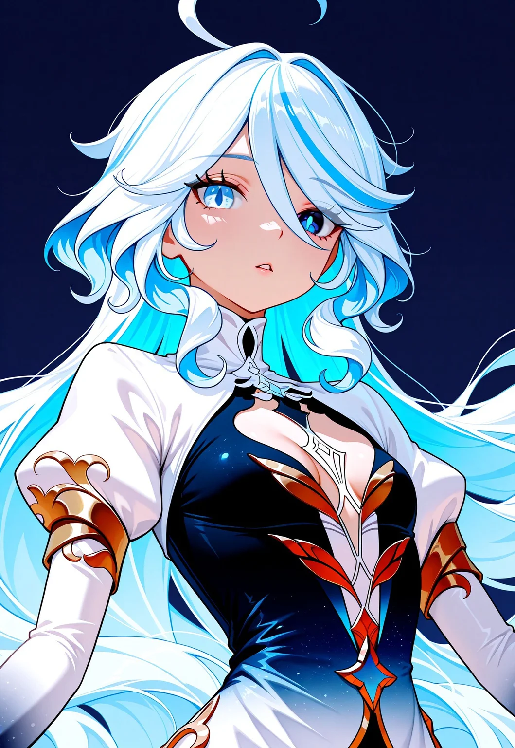 masterpiece, best quality, absurdres, very aesthetic, D3ND3N, focalors \(genshin impact\), 1girl, blue background, blue eyes, blue hair, breasts, cleavage cutout, clothing cutout, colored inner hair, cowlick, dress, drop-shaped pupils, gradient clothes, gradient dress, heterochromia, juliet sleeves, light blue hair, long hair, long sleeves, looking at viewer, multicolored hair, outstretched arms, parted lips, puffy sleeves, small breasts, solo, symbol-shaped pupils, two-tone dress, upper body, wavy hair, white hair, white sleeves
