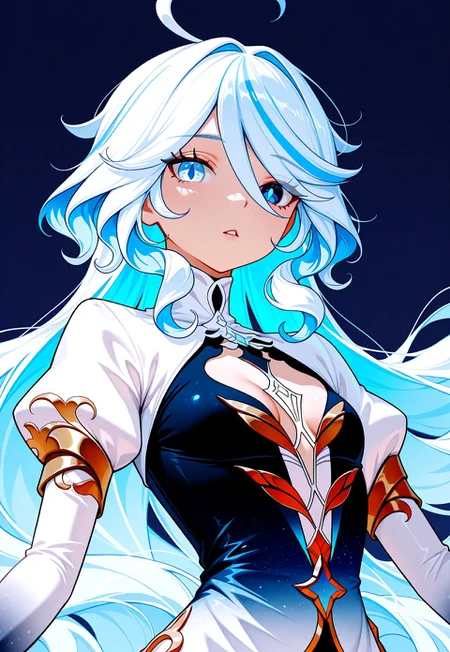 masterpiece, best quality, absurdres, very aesthetic, D3ND3N, focalors \(genshin impact\), 1girl, blue background, blue eyes, blue hair, breasts, cleavage cutout, clothing cutout, colored inner hair, cowlick, dress, drop-shaped pupils, gradient clothes, gradient dress, heterochromia, juliet sleeves, light blue hair, long hair, long sleeves, looking at viewer, multicolored hair, outstretched arms, parted lips, puffy sleeves, small breasts, solo, symbol-shaped pupils, two-tone dress, upper body, wavy hair, white hair, white sleeves