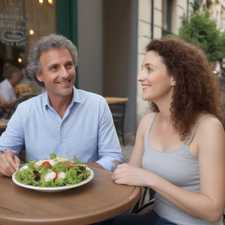 A realistic photograph of an attractive middle-aged woman on the street in Paris, sitting at an outdoor cafe table with a salad, talking to her handsome boyfriend, smiling, with brown curly hair, blue eyes, and casual , in bright natural lighting,