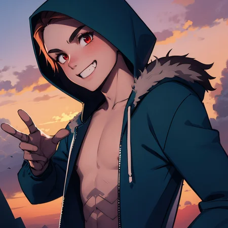 2boys, cloud, fur_trim, grin, hood, hooded_jacket, hoodie, jacket, male_focus, multiple_boys, open_clothes, red_eyes, sans, skeleton, sky, smile, sunset, teeth, upper_body, BOLD, 
<lora:detailed_notrigger:1>, epic masterpiece, 8k, high contrast, (ultra-detailed), digital art, detailed environment, perfect view of the upper half of the body, <lora:goodhands_Beta_Gtonero:0.7>, good hands,
