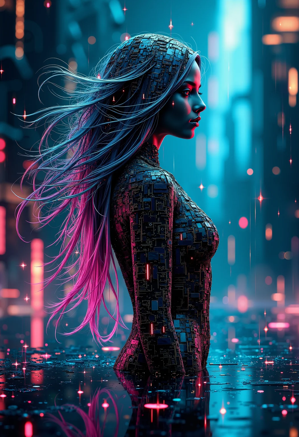 bo-digitalabstract, in a futuristic, cybernetic environment, a stunning holographic woman stands confidently at the center of a mesmerizing digital landscape. Her hair, an extraordinary cascade of luminescent teal and pink strands, defies gravity, each lock floating and swirling gracefully around her. Intriguing constellation patterns weave intricately through her hair, glimmering in a blend of matte and chrome finishes that catch the light at every angle, creating a celestial effect reminiscent of a starry night sky. Surrounding her is an ethereal digital aura, pulsating softly with a gradient glow that shifts from deep indigo to vibrant magenta, enveloping her in an otherworldly ambiance. Abstract beams of light crisscross the scene, reflecting off the holographic figure and casting fascinating shapes and colors on the sleek, polished surface beneath her. The air is filled with a gentle hum of electronic sounds, like the soft whirring of machinery, intertwining with the faint echoes of digital chimes as if the atmosphere itself is alive with energy. As she moves, the light surrounding her ripples and dances in response, creating a captivating interplay of shadows and brilliance that enhances her graceful presence. Her expression conveys confidence and an aura of wisdom, inviting viewers to explore the depths of this surreal realm filled with endless possibilities.<lora:Flux\boFLUX Digital Abstract.safetensors:1.0:1.0>