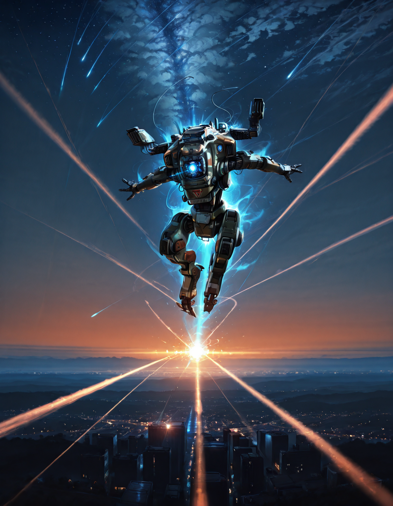 IllusP0s, night, bloom, wide shot, field of view, smear frame, motion blur,  high up, no humans, meteors,solo,detailed
,ADDBASE,
, starry night, white and blue clouds,arms,hands,meteor shower
,ADDROW,
,falling, flying, titan_\(titanfall\), titanfall \(series\), bt-7274 , mecha ,  midair, orange aura, glowing blue, blue eye trail, no humans,solo, glowing, light trail
,ADDROW,
 orange and blue urban city seen from above,legs,feet,lens flare
, <lora:titanfall:1> <lora:Detailer_NoobAI_Incrs_v1:0.6>
