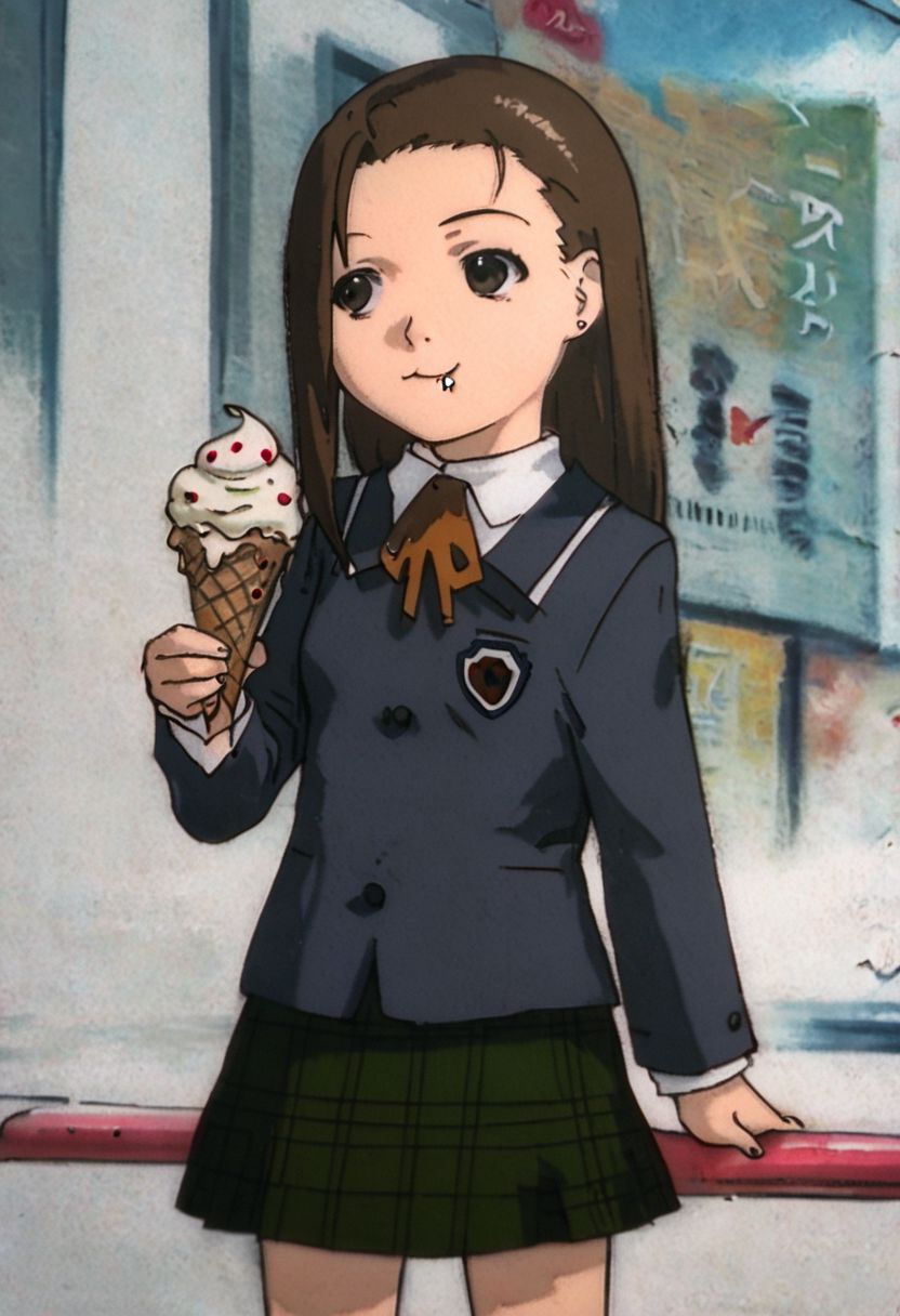 score_7_up, score_8_up, score_9, anime screencaps, 1girl, solo, <lora:Iwakura_Mika_PDXLv0-e40:0.9>, iwakura mika, shoolgirl uniform, neck ribbon, green plaid skirt, chibi, ((eating ice cream)), looking away, cute, smile, school background