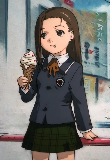 score_7_up, score_8_up, score_9, anime screencaps, 1girl, solo, <lora:Iwakura_Mika_PDXLv0-e40:0.9>, iwakura mika, shoolgirl uniform, neck ribbon, green plaid skirt, chibi, ((eating ice cream)), looking away, cute, smile, school background