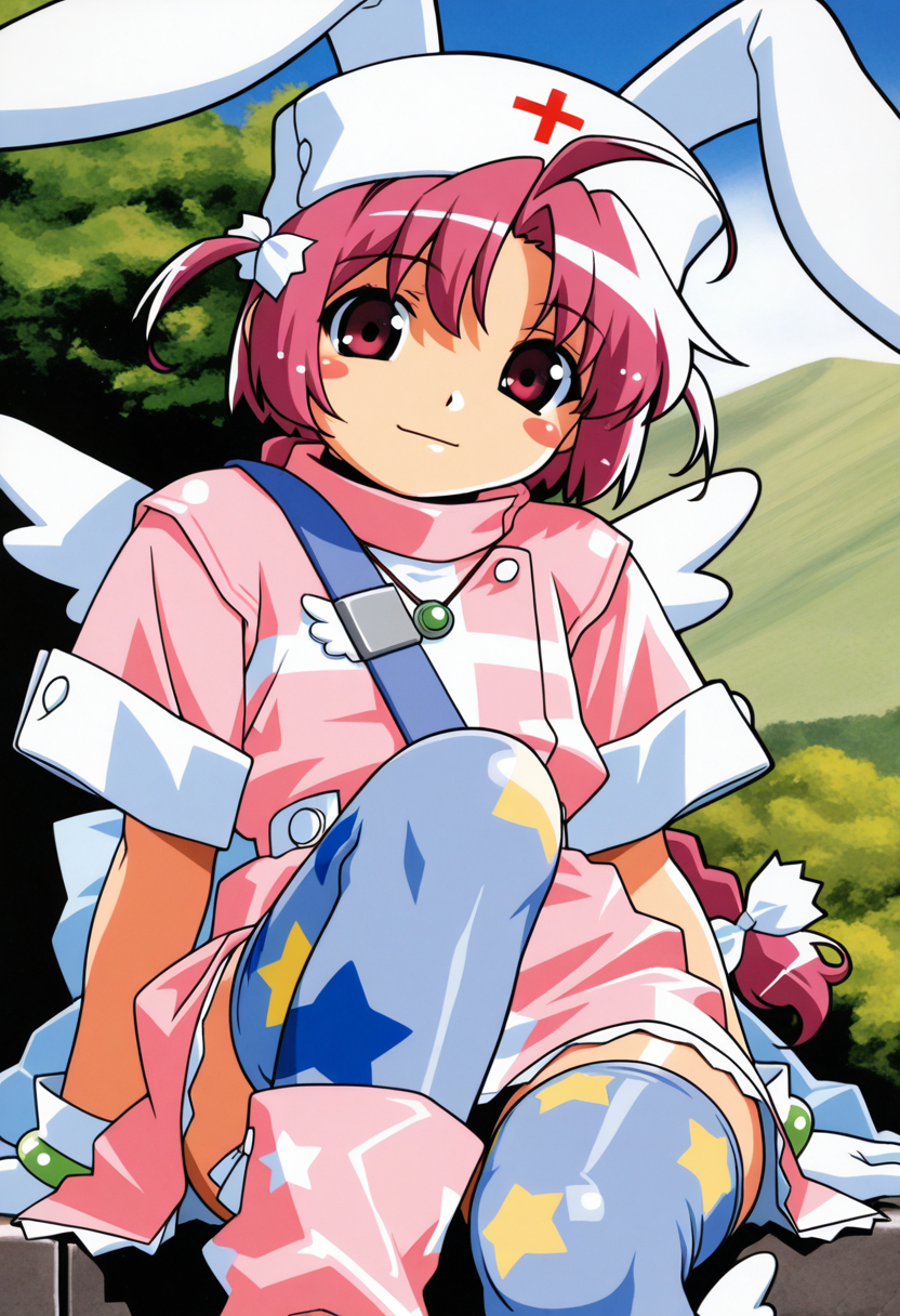 nakahara_komugi, pink hair,hat, animal ears, braid, pink eyes, ahoge, long hair, rabbit ears,
wings, star print, jewelry, star (symbol), dress, white gloves, stickers, zettai ryouiki, print thighhighs, winged footwear,
 <lora:nakahara_komugi_Illustrious-XL_2.0_v1:0.8>, masterpiece,best quality,amazing quality, solo,1girl,, sitting, (dynamic_pose),
 blush,closed mouth,light smile, 
looking at viewer,cowboy shot,
(outdoors,  )