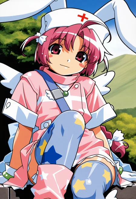 nakahara_komugi, pink hair,hat, animal ears, braid, pink eyes, ahoge, long hair, rabbit ears,
wings, star print, jewelry, star (symbol), dress, white gloves, stickers, zettai ryouiki, print thighhighs, winged footwear,
 <lora:nakahara_komugi_Illustrious-XL_2.0_v1:0.8>, masterpiece,best quality,amazing quality, solo,1girl,, sitting, (dynamic_pose),
 blush,closed mouth,light smile, 
looking at viewer,cowboy shot,
(outdoors,  )