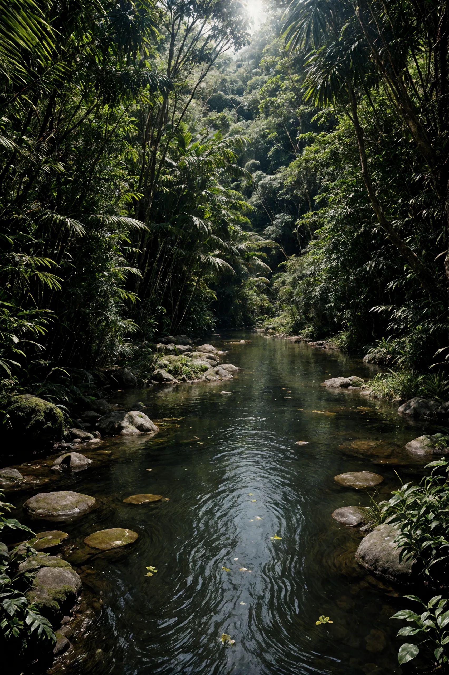 photo , photography, Fujifilm XT3 Viltrox, ((very detailed)), sharp focus,  best quality, (bright sunny sky), beautiful landscape, rainforest, jungle, stream, water ripples reflections, (small river pond), hut, stunning nature environment, high contrast, cinematic (lights), backlight, shadows, (lens flare:0.8), vibrant colors, colorful, Midnight Green flowers and leaves, <lora:Detail Tweaker LoRA add_detail:1><lora:depth_of_field_slider_v1:5>  <lora:SDXLrender_v2.0:0.9>