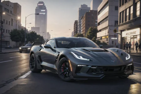 a car driving down a street next to a tall building, Altichiero, dynamic lighting, a screenshot, figuration libre, 2022 Chevrolet Corvette Z06 (C8), ultra detailed, wallpaper