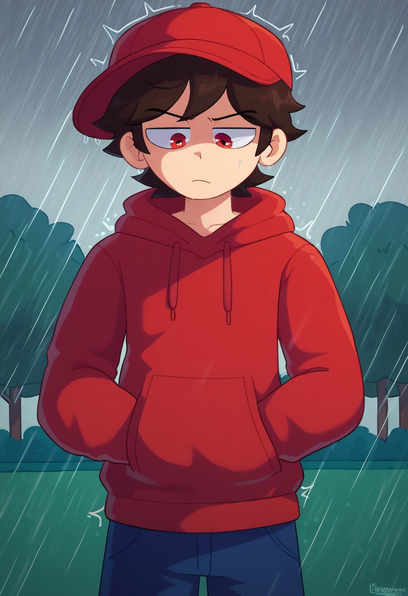 score_9, score_8_up, score_7_up, source_anime BREAK, masterpiece, best quality, absurdres, highres, 2d, moonlightdrawing, solo, male, ((dark brown hair, short hair)), ((red eyes)), ((red hoodie, long sleeves)), ((half-closed eyes, eyes looking down, unhappy, angry, depression, heartbroken)), (((headwear, red cap, hood up))), ((outside, park background, raining, storm, somber)), ((covering hands in own pocket))