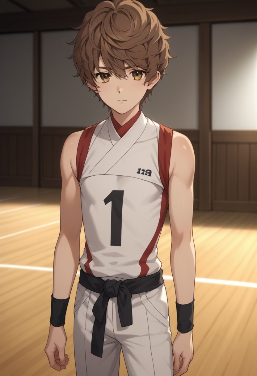 score_9, score_8_up, score_7_up, source_anime, highly detailed, 
mamoru, brown hair, solo, brown eyes, looking at viewer, 1boy, short hair, male focus, wristband, sleeveless, pants, short pants, black belt, competition uniform, stand