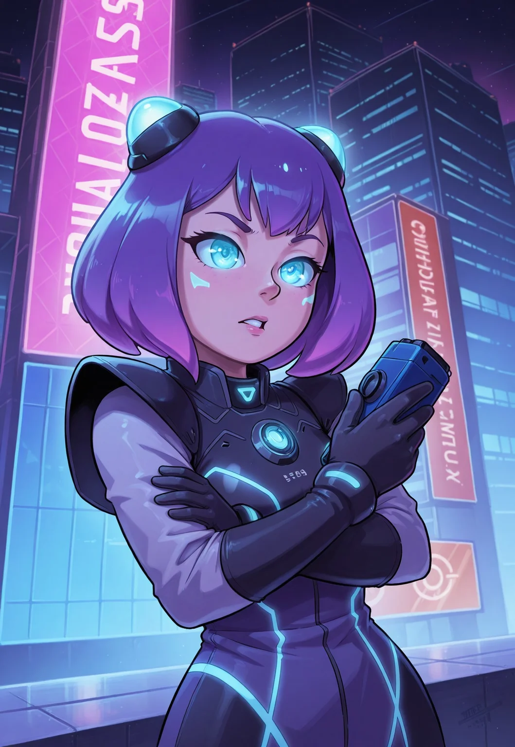 score_9, score_8_up, score_7_up, 1girl, solo, intergalactic bounty hunter, futuristic battle armor with glowing neon accents and advanced tech, dual plasma blasters with sleek designs and glowing energy cores, short spiky purple hair with cybernetic enhancements, realistic, cinematic angle, cinematic lighting, athletic body, determined face, glowing cyan eyes, combat-ready pose
BREAK
tracking a target through a bustling alien marketplace
BREAK
source_sci-fi_art, rating_explicit, expressive, full body, dynamic pose
BREAK
detailed beautiful background, vibrant alien marketplace with exotic stalls and bustling crowds, neon-lit signs and holographic advertisements, alien creatures and advanced technology, distant spacecraft and futuristic skyline, high-tech atmosphere with a sense of adventure and danger
<lora:Expressive_H:0.6>Expressiveh, (SimplepositiveXLv1:1.3), (upper body, full clothed:1.85) ((masterpiece)) (ultra realistic, 32k, masterpiece:1.2), (high detailed skin:1.1), (high quality:1.1) (((full clothed))) <lora:DandonFuga_Style_v.2_-_Pony:0.8> 
<lora:add-detail-xl:1> 
<lora:Dynamic Poses:1>