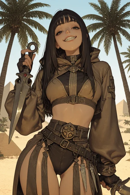 1girl, solo, thief \(ragnarok online\), straight black hair, holding dagger, pointy teeth, smug grin, cowboy shot, desert pyramid, palm trees, oasis
, masterpiece, best quality, amazing quality, very aesthetic, absurdres, highly detailed, high resolution, newest