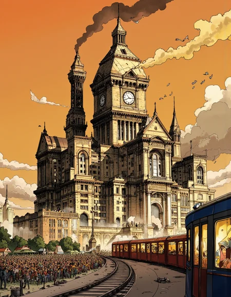 Art by Alessandro Barbucci. A digital illustration shoot from below about a stylized illustration of the eiffel tower in a post-apocalyptic cityscape, with birds flying around it. the image also shows a large crowd of people in the foreground, a train on a railway track, and a cityscape in the background. on the center of the image, a large, ornate building with a clock tower appears to be in ruins, with smoke billowing from its smokestacks. the building is the main focus of the scene, surrounded by birds flying in the air. the sky is a gradient of orange and yellow hues, with a few clouds scattered across it, and the overall atmosphere is one of chaos and destruction.