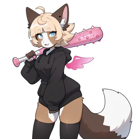 playful expression, slim build, white background pink-dotted gradient, fake mini pink wings, pink spiked bat, black hoodie, black thighhighs, standing, looking at viewer, solo,
masterpiece, high resolution, ultra quality, best quality, female 1girl, source_furry, furry, ChiChi, light blue eyes, brown fur, multicoloured fur, blonde hair, brown ears, fox tail, animal tail, fox ears, animal ears, fox nose, animal nose,