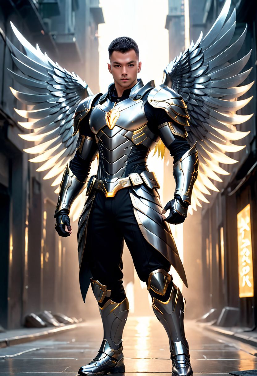 Hyper-realistic, 4K picture resolution, hi-depth, long-panorama angle view,  Eurasian attractive man, black tidy haircut, polished and shine black steel gigantic griffin exoskeleton wings that span wide to the heavens, deep embossed Venus symbol on the chest, shine and polished silver steel scales armor with muscle abs, long exoskeleton pants, fighting moves and scenes, grey illuminated magical aura surrounding the armor, intimidating expression, moden cyberpunk alien city background, (holding golden illuminated acient magical saber and slashing the air with magical power), (aura:2.8), belt filled with gadgets and tools, gigantic expansive wings, EightClover