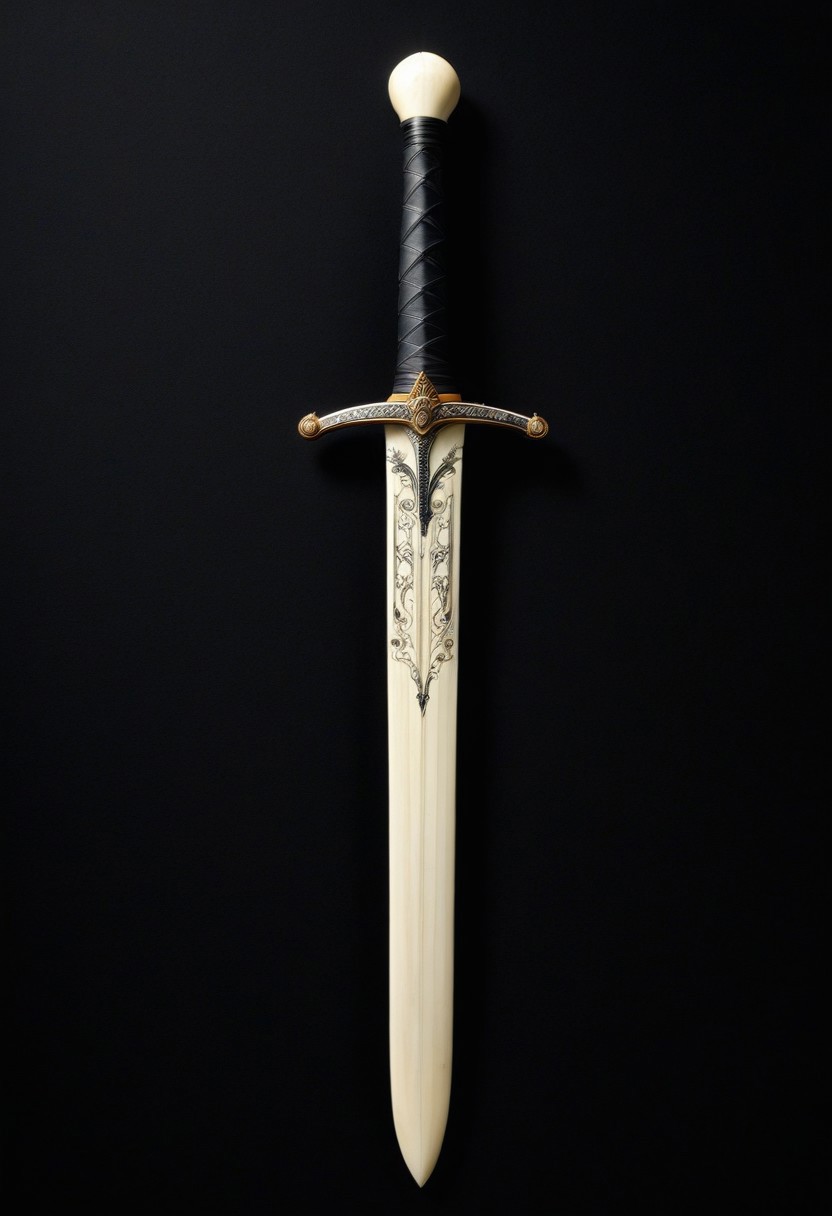 sword made out of, ebony, ivory, scrimshaw, bone carving, black background