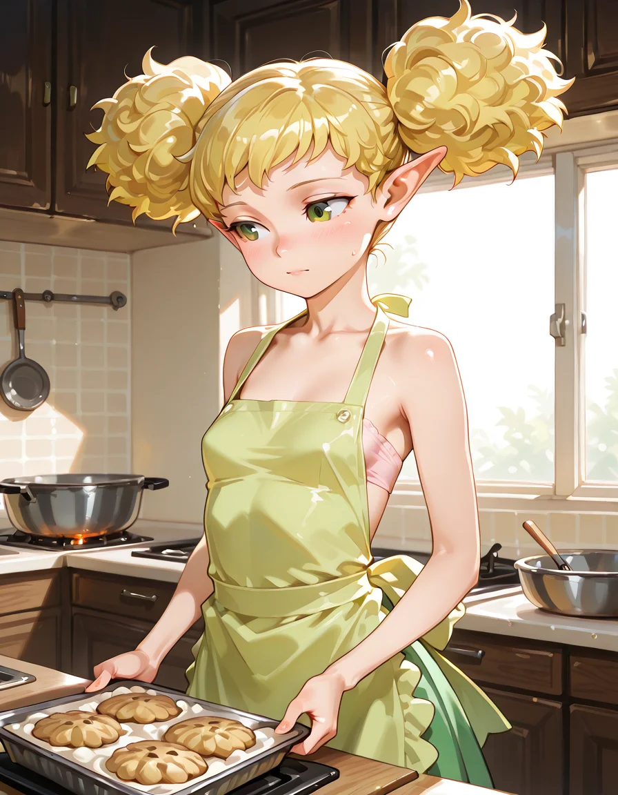 <lora:Tiki_Dragon_Crown_Illustrious:1>tiki, solo, wife, motherly, small breasts, apron, inside kitchen, baking cookies