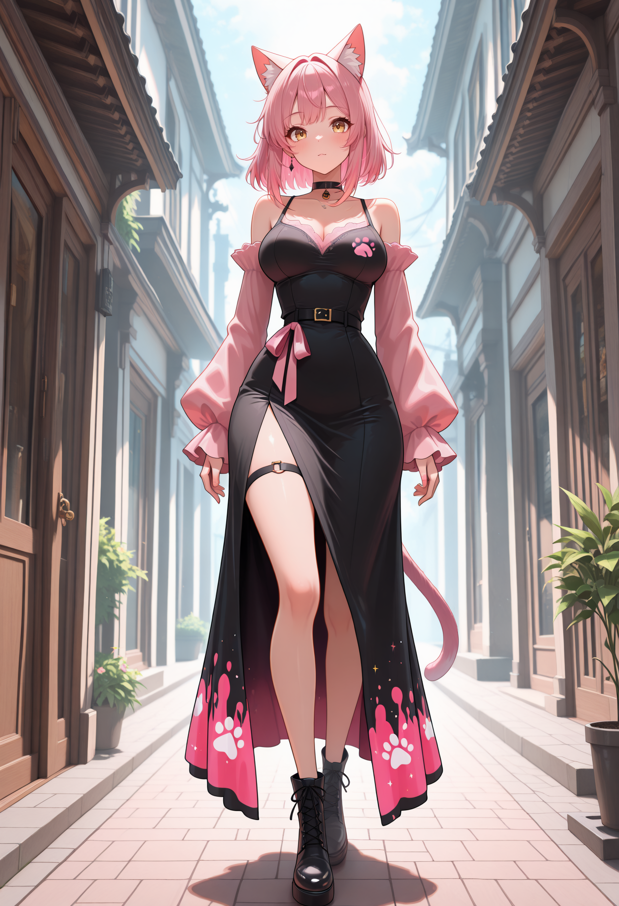 lazypos, 1girl, cat ears, cat girl, split dye black and pink hair, gold eyes, medium breasts, <lora:Nyanku-000005:1>, Nyanku, Nyankupatches, full body shot, (dress:0.7),