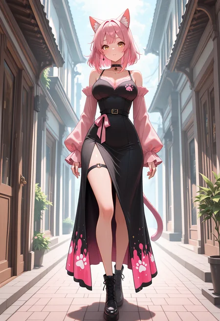 lazypos, 1girl, cat ears, cat girl, split dye black and pink hair, gold eyes, medium breasts, <lora:Nyanku-000005:1>, Nyanku, Nyankupatches, full body shot, (dress:0.7),