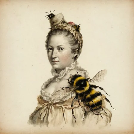 woman 18th century, bee <lora:SDXL_bee_Sa_May_V11:1> old paper
