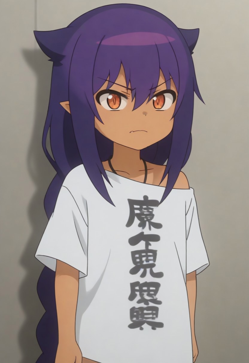 Masterpiece, Top Quality, source_anime, anime screencap, source_anime, auratheguillotine, anime screencap, masterpiece, source_anime, shiny skin,,,,,,,<lora:Jahy:0.85> solo, chibi, dark skin, dark-skinned female, long hair, hair between eyes, purple hair, pointy ears, shirt, white shirt, clothes writing, oversized clothes,,, fang,