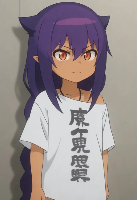 Masterpiece, Top Quality, source_anime, anime screencap, source_anime, auratheguillotine, anime screencap, masterpiece, source_anime, shiny skin,,,,,,,<lora:Jahy:0.85> solo, chibi, dark skin, dark-skinned female, long hair, hair between eyes, purple hair, pointy ears, shirt, white shirt, clothes writing, oversized clothes,,, fang,