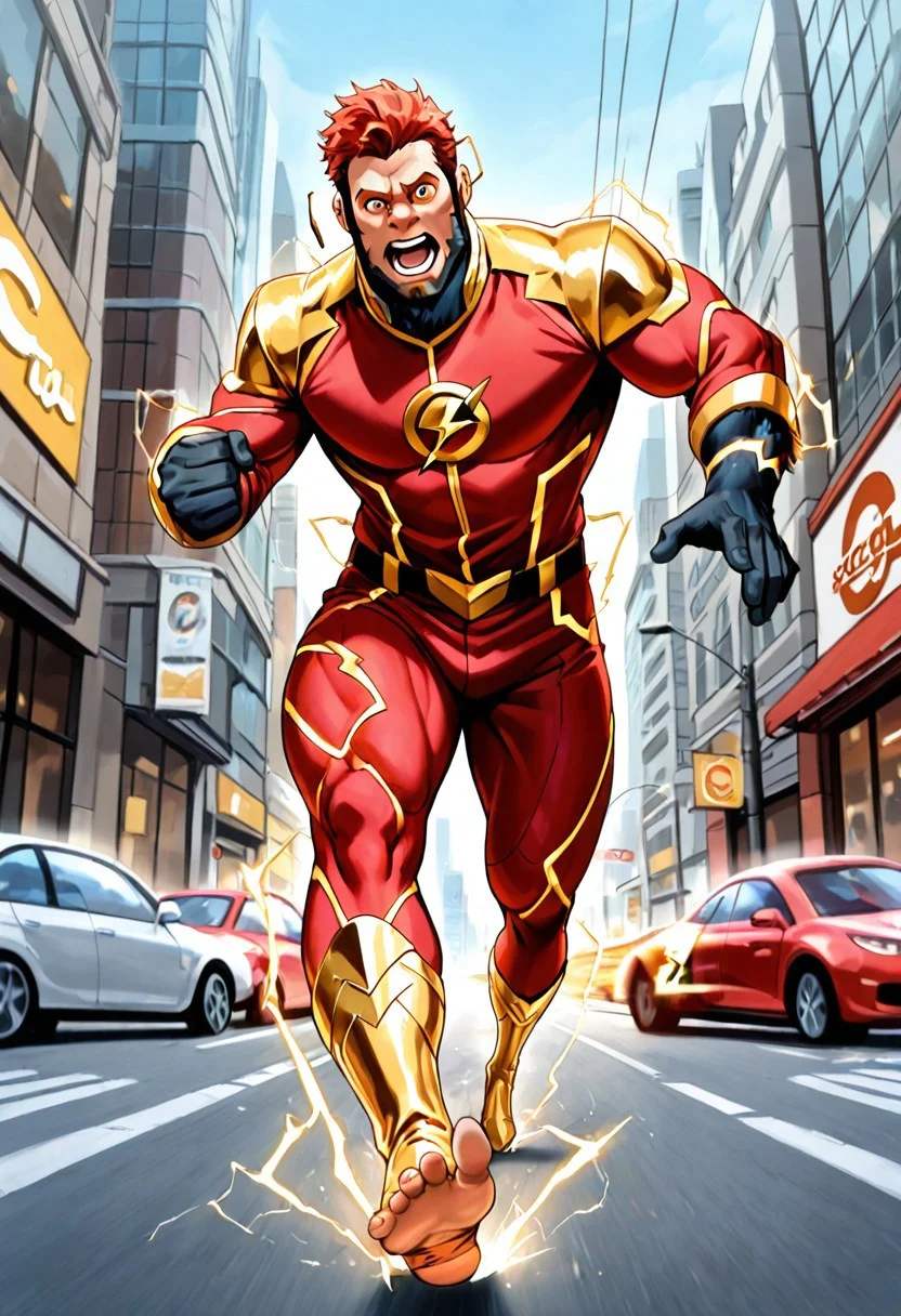 score_9, score_8_up, score_7_up, score_6_up, masterpiece, best quality, detailed eyes, detailed face, face_focus, (solo, full body, Dio transformation into anthro gorilla, mid transformation, spreading black fur, black gorilla feet, human hands, running, electricity, motion blur, light trail, dynamic pose, front view, looking at viewer), (daytime, city street, road, parked cars, buildings, adult male, mature, red hair, red uniform, red uniform legs ripped, gold uniform boots ripped open, exposed feet), muscular male, (thick thighs, large leg muscles), (wide open eyes), afraid, scared, alarmed